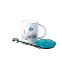 Фарфоровая кружка с ложкой и крышкой Медведи-циркачи, голубая 350 мл