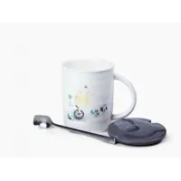 Фарфоровая кружка с ложкой и крышкой Медведи-циркачи, серая 350 мл