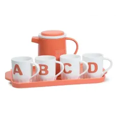 Фарфоровый чайный набор Буквы, чайник и 4 кружки, оранжевый, 750мл/180мл