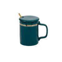 Фарфоровая кружка с ложкой и крышкой Business Time /2, зеленая 400 мл
