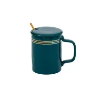 Фарфоровая кружка с ложкой и крышкой Business Time /3, зеленая 400 мл