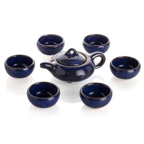 Термостойкий чайный сервиз синий Колотый лед 7 предметов: чайник и пиалы
