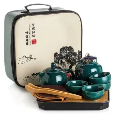 Керамический чайный сервиз сине-зеленый (чемоданчик)