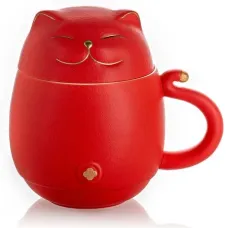 Кружка керамическая Котик с крышкой и керамическим ситом, цвет красный 260 мл