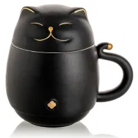 Кружка керамическая Котик с крышкой и керамическим ситом, цвет черный