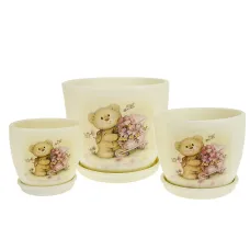 Горшки для цветов с поддонами, набор 3 шт. Мишутка d=16,5/13,5/11 см h=14/11,5/9 см v=1900/1100/500 мл