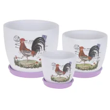 Горшки для цветов с поддонами, набор 3 шт. Петушок d=16,5/13,5/11 см h=14/11,5/9 см v=1900/1100/500 мл