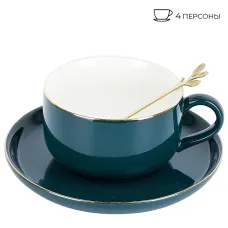 Фарфоровый чайный набор 8 предметов с ложками Royal Line Emerald (4 персоны) v=350 мл