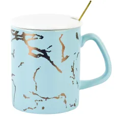 Кружка с крышкой и ложкой Голубой мрамор (голубой) v=380 мл
