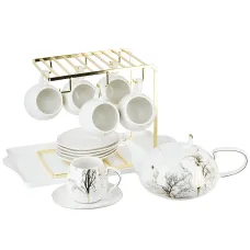 Фарфоровый чайный набор на металлической подставке с подносом 15 предметов 5th Avenue Golden Forest (6 персон)