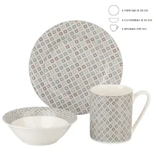 Столовый набор 12 предметов Norwich тарелка d=19 см*4, салатник d=14 см*4, кружка v=370 мл*4 (фарфор)