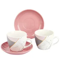 Фарфоровый чайный набор на 2 персоны 4 предмета Мрамор розовый с серым v=240 мл