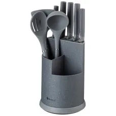 Набор из 9пр: 5 ножей, половник, лопатка и шумовка, подставка цвет серый - Agness
