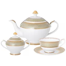 Фарфоровый чайный сервиз на 6 персон 14 предметов золотая сетка мятный - Lefard