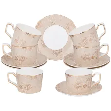 Фарфоровый чайный набор на 6 персон, 12 предметов, Золотые узоры, 280 мл – Lefard