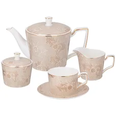 Фарфоровый чайный сервиз на 6 персон, 15 предметов, Золотые узоры - Lefard
