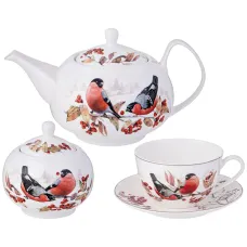 Фарфоровый чайный сервиз на 6 персон, 14 предметов, Лесная сказка, снегири – Lefard