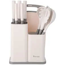 Набор из 12 предметов: 5 ножей, доска, подставка, половник, ложка, лопатка, шумовка, ложка для спагетти - Agness