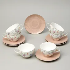 Фарфоровый чайный набор на 6 персон, 12 предметов, Времена года, 250 мл, розовый – Lefard