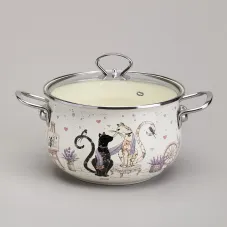 Кастрюля эмалированная со стеклянной крышкой серия Lavander Cats, 3.8 л 22 см - Agness