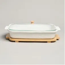 Блюдо для выпекания и сервировки Muse со стеклянной крышкой на деревянной подставке 34,5*21*11 см 1.4 л - Lefard