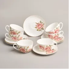 Фарфоровый чайный набор на 6 персон, 12 предметов, Корейская роза, 300 мл – Lefard