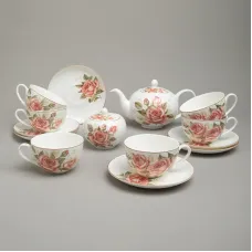 Фарфоровый чайный сервиз на 6 персон, 14 предметов, Корейская роза - Lefard