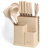 Набор из 11 предметов: 5 ножей, половник, лопатка, шумовка, подставка, ножеточка и ножницы, цвет: бежевый - Agness