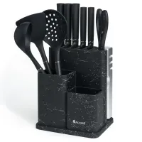 Набор из 11 предметов: 5 ножей, половник, лопатка, шумовка, подставка, ножеточка, ножницы, черный мрамор/серый – Agness
