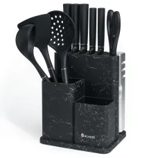 Набор из 11 предметов: 5 ножей, половник, лопатка, шумовка, подставка, ножеточка, ножницы, черный мрамор/серый – Agness