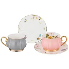 Фарфоровый чайный набор на 2 персоны 4 предмета года 200 мл серый и розовый - Lefard
