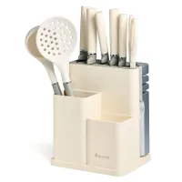 Набор из 11 предметов: 5 ножей, половник, лопатка, шумовка, подставка, ножеточка, ножницы, цвет: белый/серый - Agness