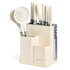 Набор из 11 предметов: 5 ножей, половник, лопатка, шумовка, подставка, ножеточка, ножницы, цвет: белый/серый - Agness