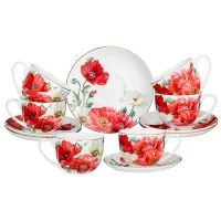Фарфоровый чайный набор на 6 персон, 12 предметов, Маки, 300 мл – Lefard