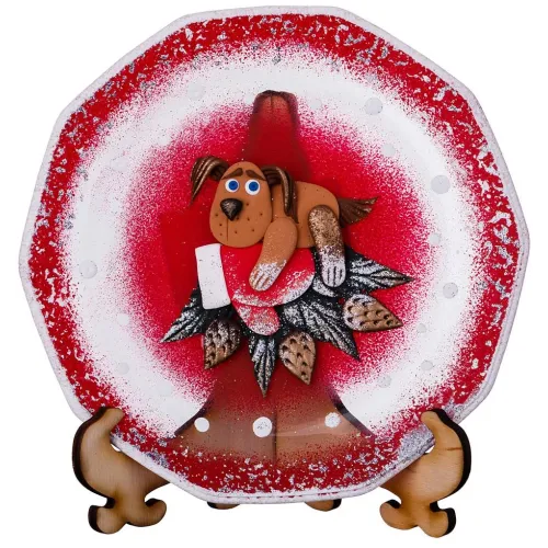 Тарелка стеклянная декоративная на подставке рисунок: символ года: собака на варежке