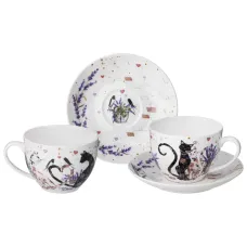 Фарфоровый чайный набор на 2 персоны, 4 предмета, Лавандовые коты, 275 мл – Lefard