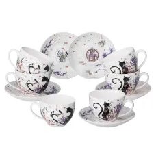Фарфоровый чайный набор на 6 персон, 12 предметов, Лавандовые коты, 275 мл – Lefard