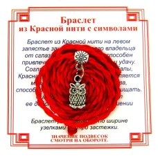 Браслет красный витой на Мудрость (Сова),цвет сереб, металл, текстиль AV0121