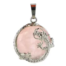 Амулет Розовый кварц с Драконом 35х25мм, камень, металл A117-15