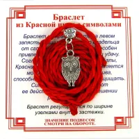 Браслет красный витой на Мудрость (Сова),цвет сереб, металл, текстиль AV0120