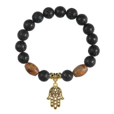Браслет с Дзи и подвеской Хамса (от сглаза и зла), лава 10мм BSPD10-01-0001