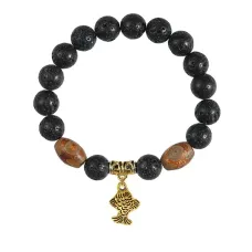 Браслет с Дзи и подвеской Золотая рыбка (исполнение желаний), лава 10мм BSPD10-01-0021