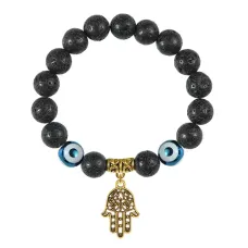 Браслет с фарфоровыми бусинами Дзи и подвеской Хамса (от сглаза и зла), лава 10мм BSPD10-02-0001
