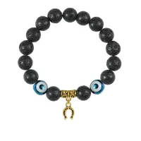 Браслет с фарфоровыми бусинами Дзи и подвеской Подкова (на счастье), лава 10мм BSPD10-02-0018