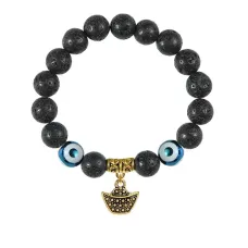 Браслет с фарфоровыми бусинами Дзи и подвеской Золотой слиток (на богатство), лава 10мм BSPD10-02-0058