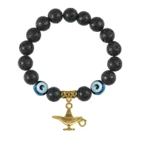 Браслет с фарфоровыми бусинами Дзи и подвеской Волшебная лампа (исполнение желаний), лава 10мм BSPD10-02-0074