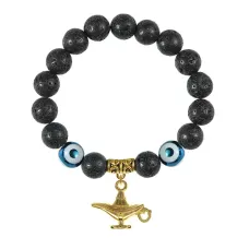Браслет с фарфоровыми бусинами Дзи и подвеской Волшебная лампа (исполнение желаний), лава 10мм BSPD10-02-0074
