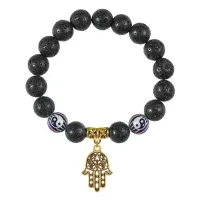 Браслет с фарфоровыми бусинами Инь-Ян и подвеской Хамса (от сглаза и зла), лава 10мм BSPD10-03-0001