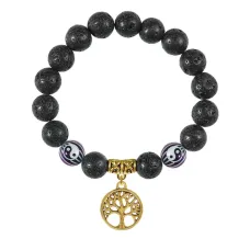 Браслет с фарфоровыми бусинами Инь-Ян и подвеской Дерево жизни (защита и развитие), лава 10мм BSPD10-03-0012