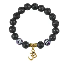Браслет с фарфоровыми бусинами Инь-Ян и подвеской Ом (защита, духовное развитие), лава 10мм BSPD10-03-0013